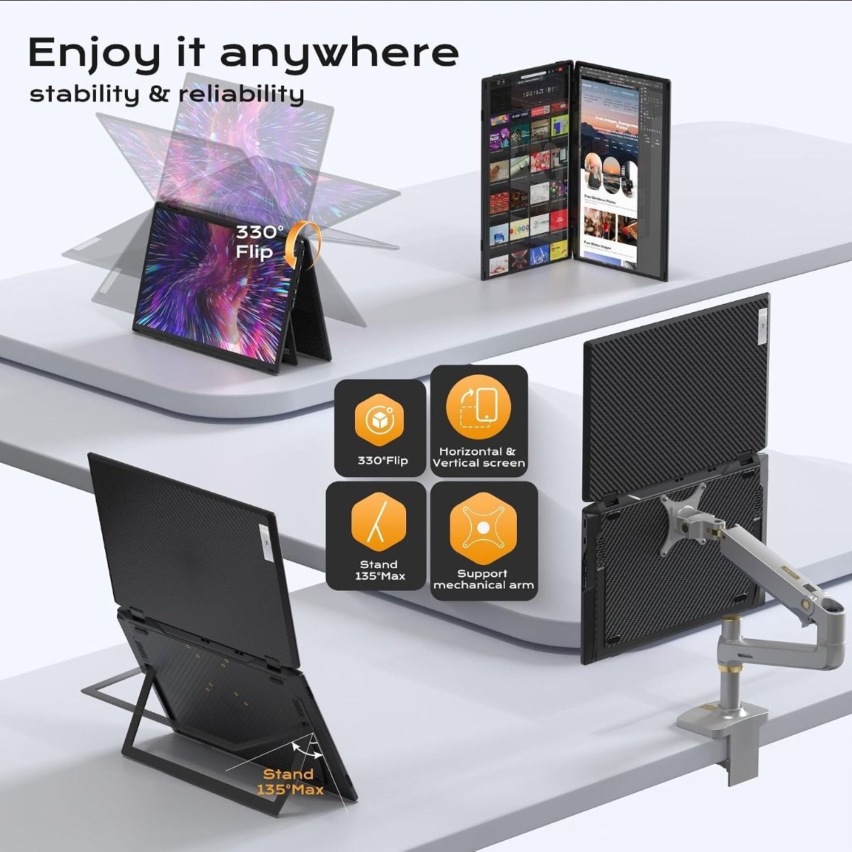 V2COM Dualsee Portable Dual-Screen Monitor Extender 15.6 FHD IPS Folding Triple Display Plug & Play VESA Mount 330 Adjustable HDMI Type-C Built-in Speakers - Black