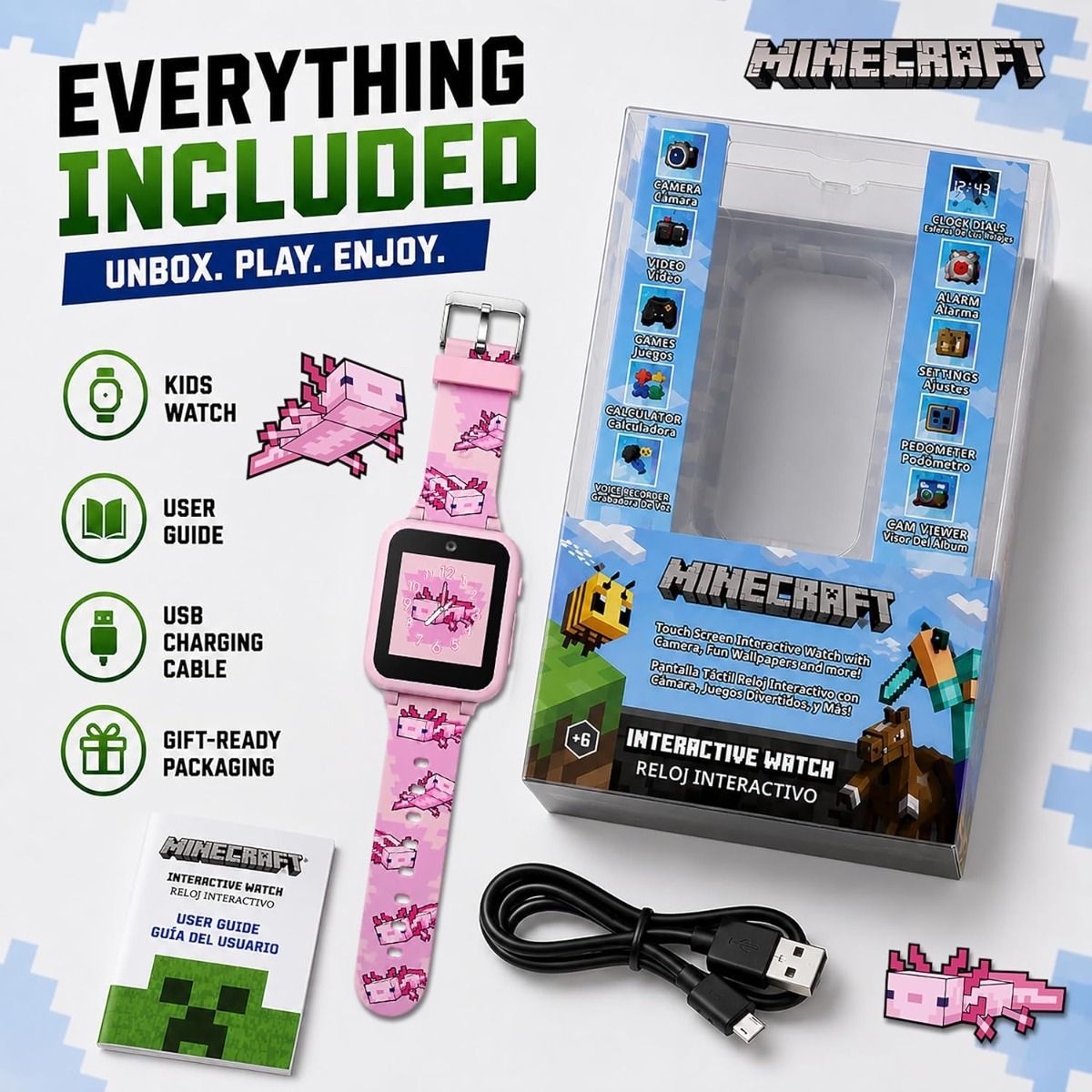 Minecraft Kids Smartwatch – Pink Axolotl Design, Selfie Camera, 10 Watch Faces, Games, Step Counter, Voice Recorder, Alarm & Timer