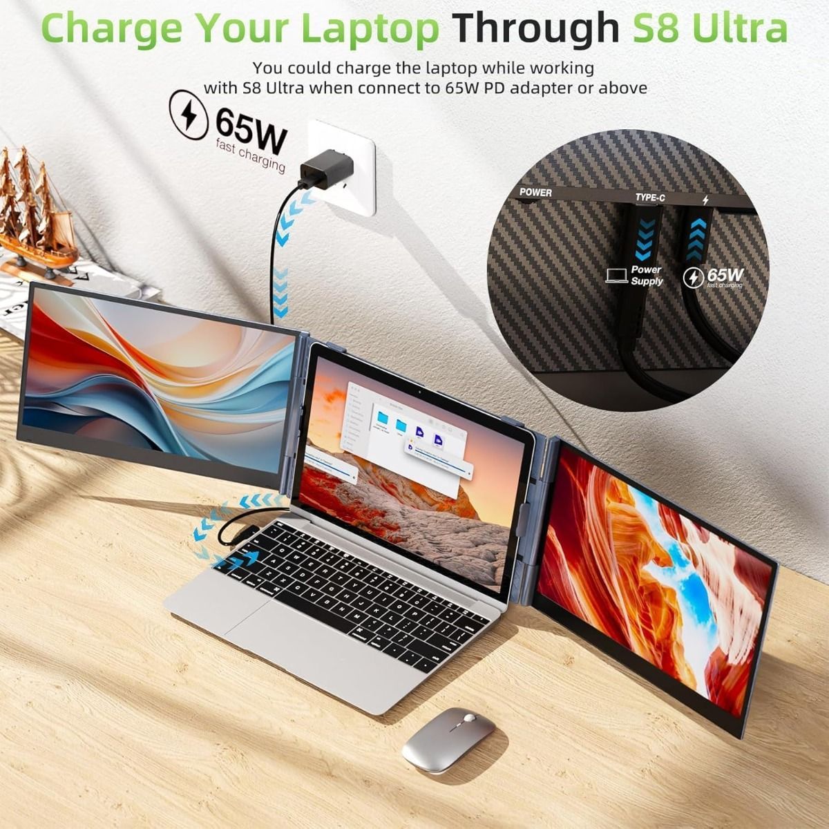 V2COM 14" Triple Laptop Screen Extender, One Cable USB-C Portable Monitor, FHD 1080P Ultra-Thin Lightweight Triple Screen for 1317" Laptops - Black