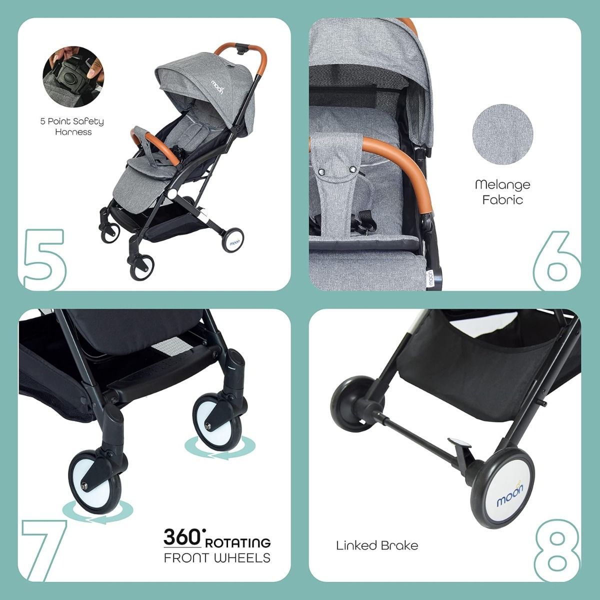 The Moon Brand Ritzi Cabin Stroller, Ultra Lightweight Travel Baby Pushchair Compact Fold Birth to 3 Years, 5-Point Safety Harness | Black and Grey 
