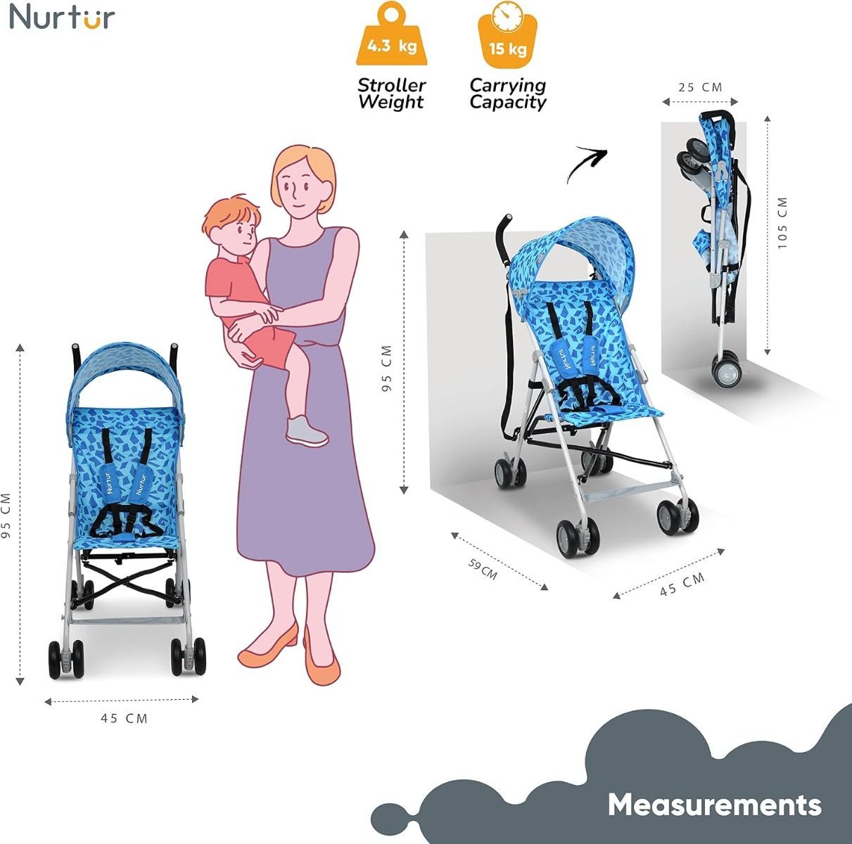 Nurtur Rex Lightweight Stroller Compact Folding Travel Buggy for Toddlers 6-36 Months, Easy Fold, 11 lbs, 5-Point | Blue