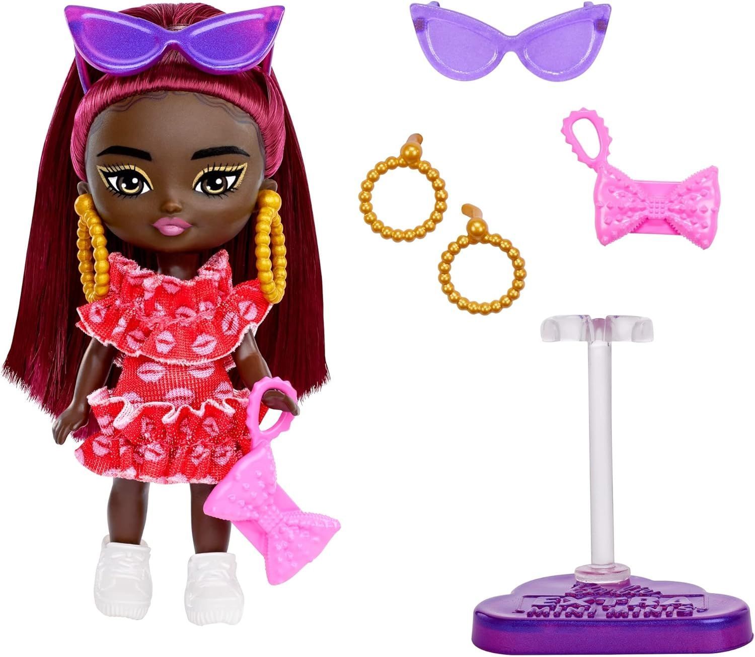 Barbie Extra Mini Doll with Burgundy Hair, Red Dress & Accessories - HLN47