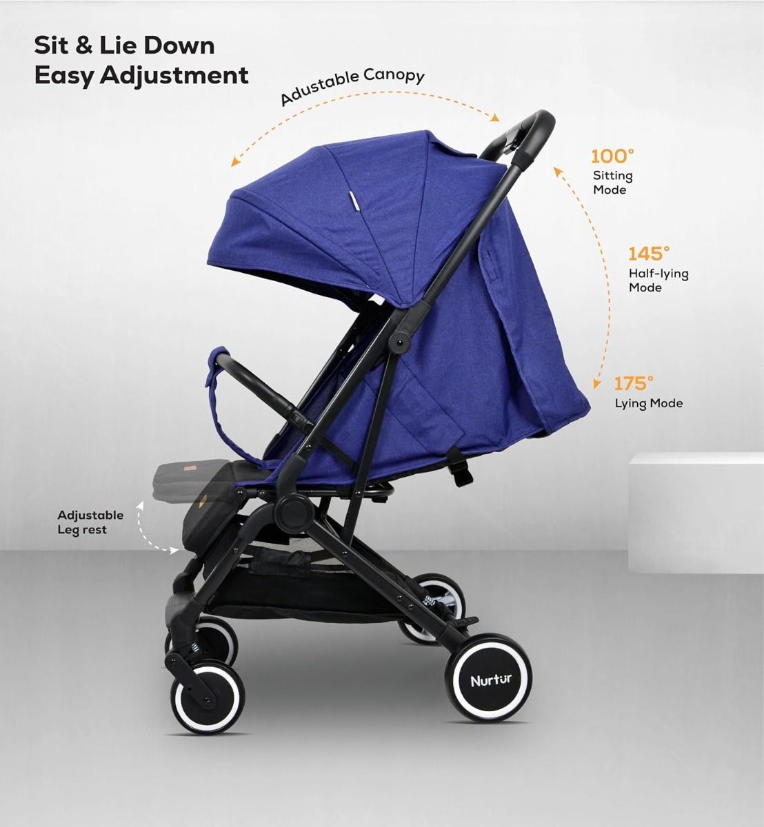 Nurtur Bravo Lightweight Travel Stroller for Baby & Kids, Compact Foldable Design, Airline Cabin|Denim
