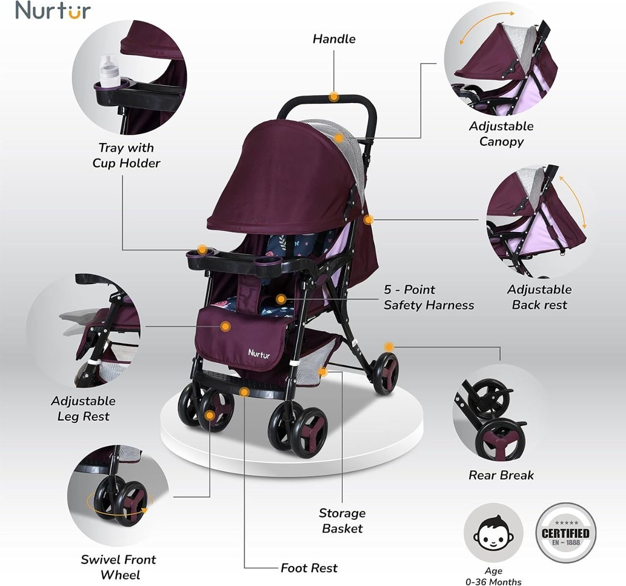 Nurtur Ryder Ultra-Compact Lightweight Baby Travel Stroller, Reclining Seat with Detachable Food  Burgundy Printed, 0-36 Months