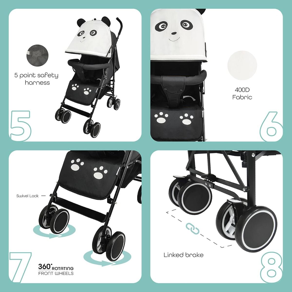 The Moon Safari Baby Stroller - Lightweight Umbrella Stroller for Travel with Panda Theme 18 kg, 0-36 months, 5-Point Harness