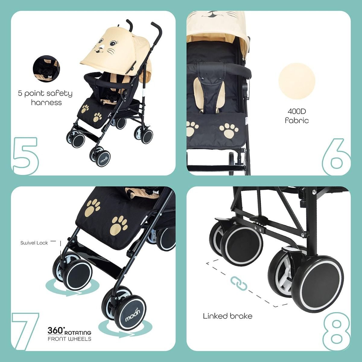 The Moon Brand Safari Cat Umbrella Stroller Compact Lightweight Travel Stroller for Babies 0-36 15 kg, 5-Point Safety Belt, Umbrella Fold