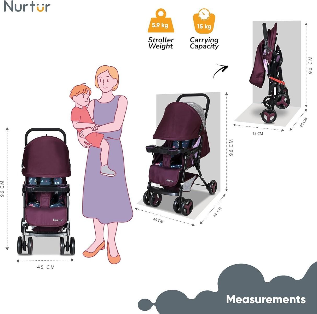 Nurtur Ryder Ultra-Compact Lightweight Baby Travel Stroller, Reclining Seat with Detachable Food  Burgundy Printed, 0-36 Months