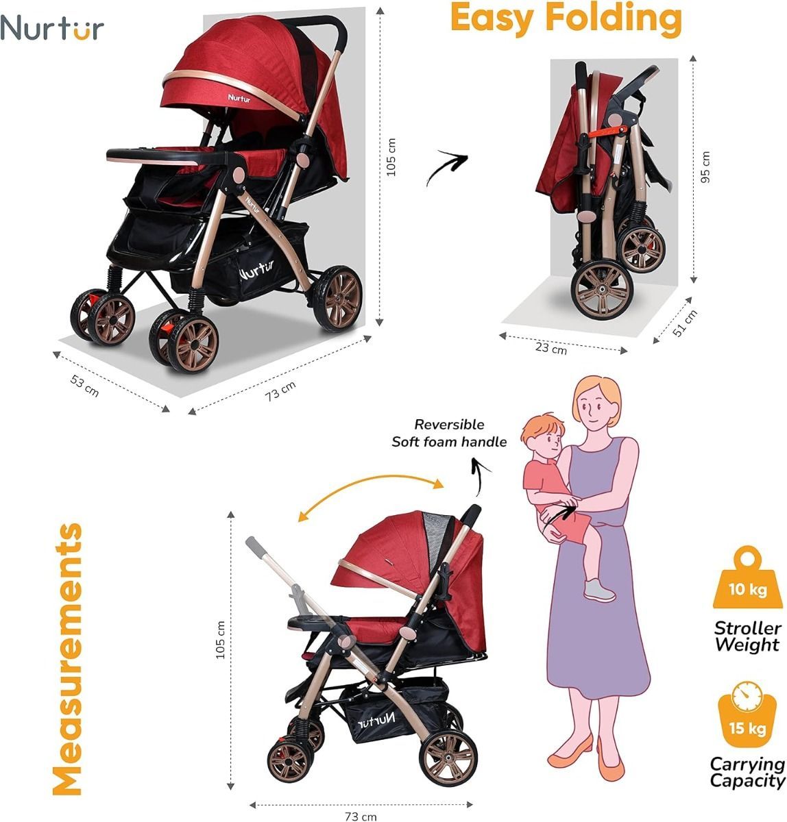 Nurtur Wilder Reversible Baby Stroller - Lightweight Compact Travel Stroller with 5-Point Harness | Red
