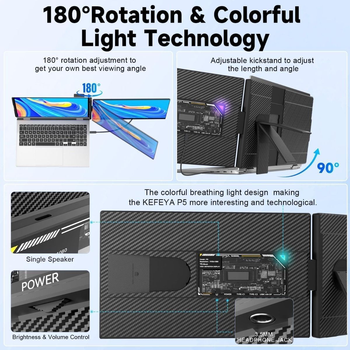 V2COM 15.6" FHD 1080P Portable Laptop Screen Extender, Detachable IPS Monitor for 13-17.3" Laptops, Plug & Play, Compatible with Windows - P5