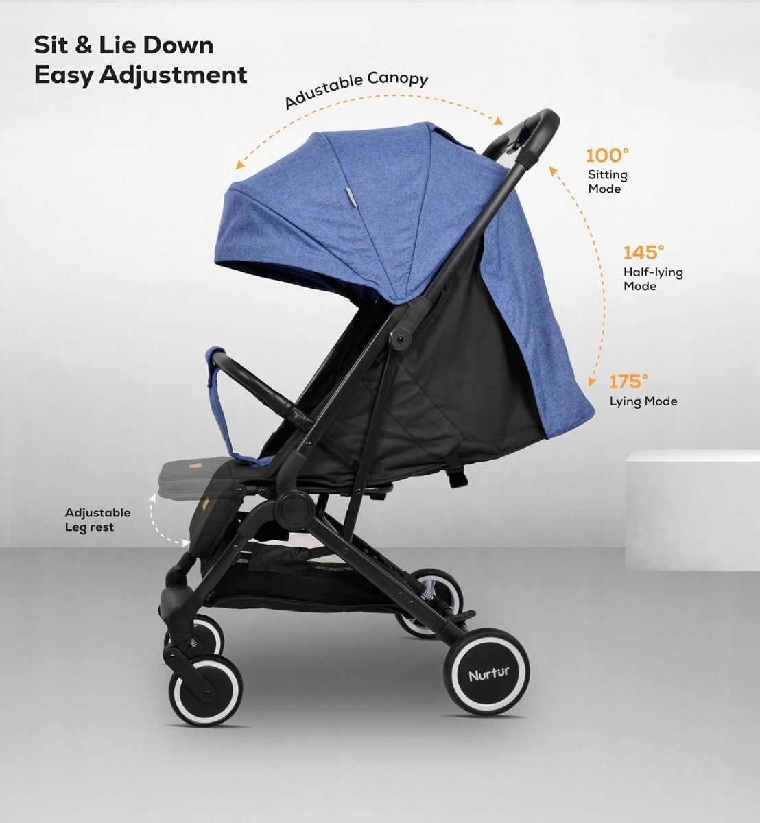 Nurtur Bravo Travel Stroller - Compact Foldable Baby Pushchair, 5-Point Harness, Reclining Seat, 0-36 months|Blue 