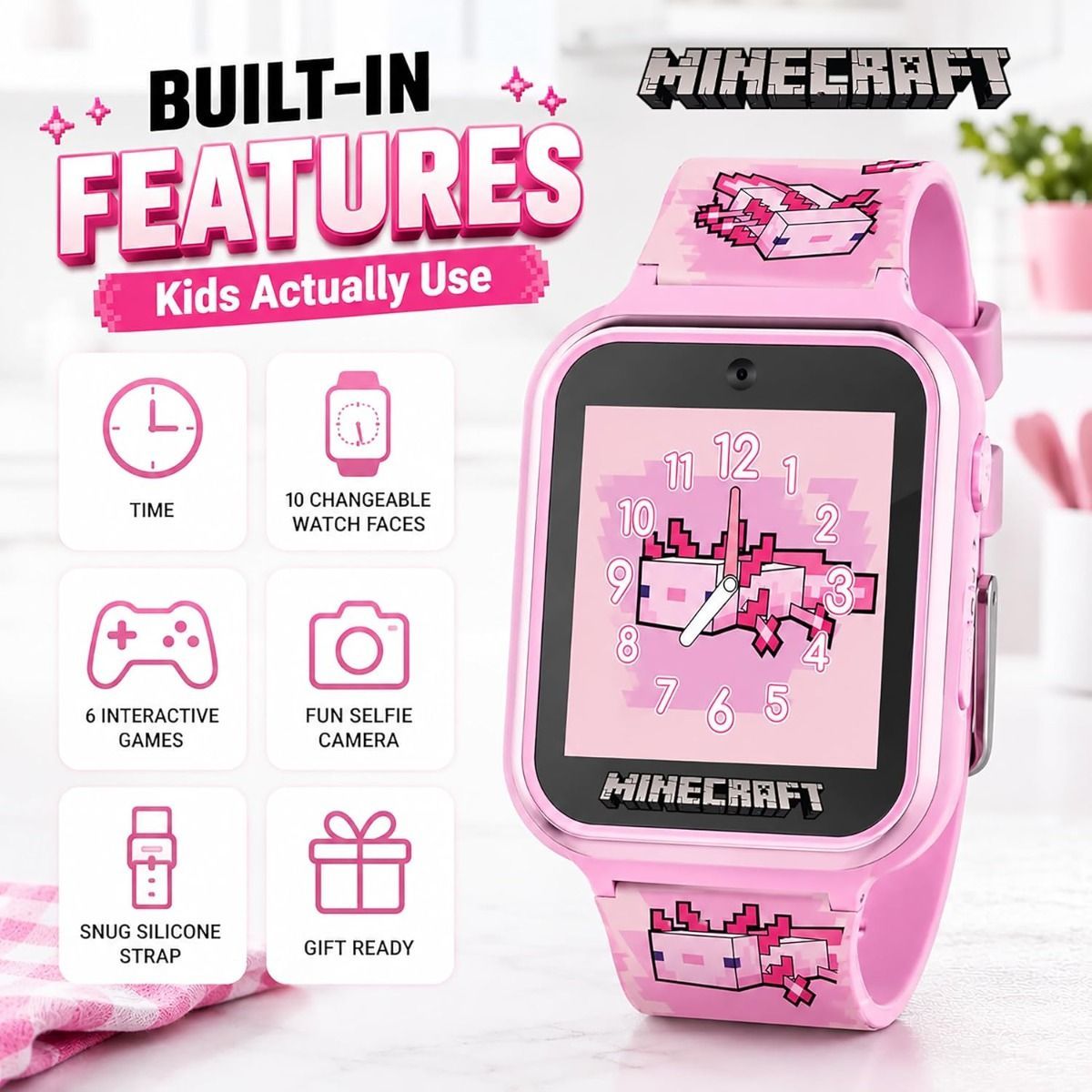 Minecraft Kids Smartwatch – Pink Axolotl Design, Selfie Camera, 10 Watch Faces, Games, Step Counter, Voice Recorder, Alarm & Timer