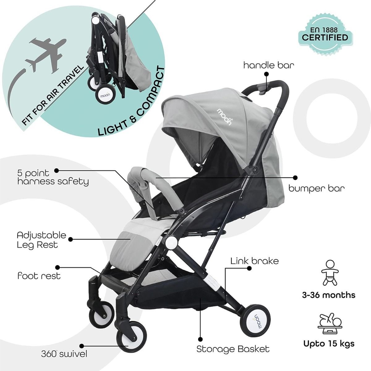 The Moon Brand Ritzi TravelLite Stroller, Compact Folding Cabin Pram for Air Travel, 18 kg, Birth to 3 Years, 5-Point Harness | Light Grey