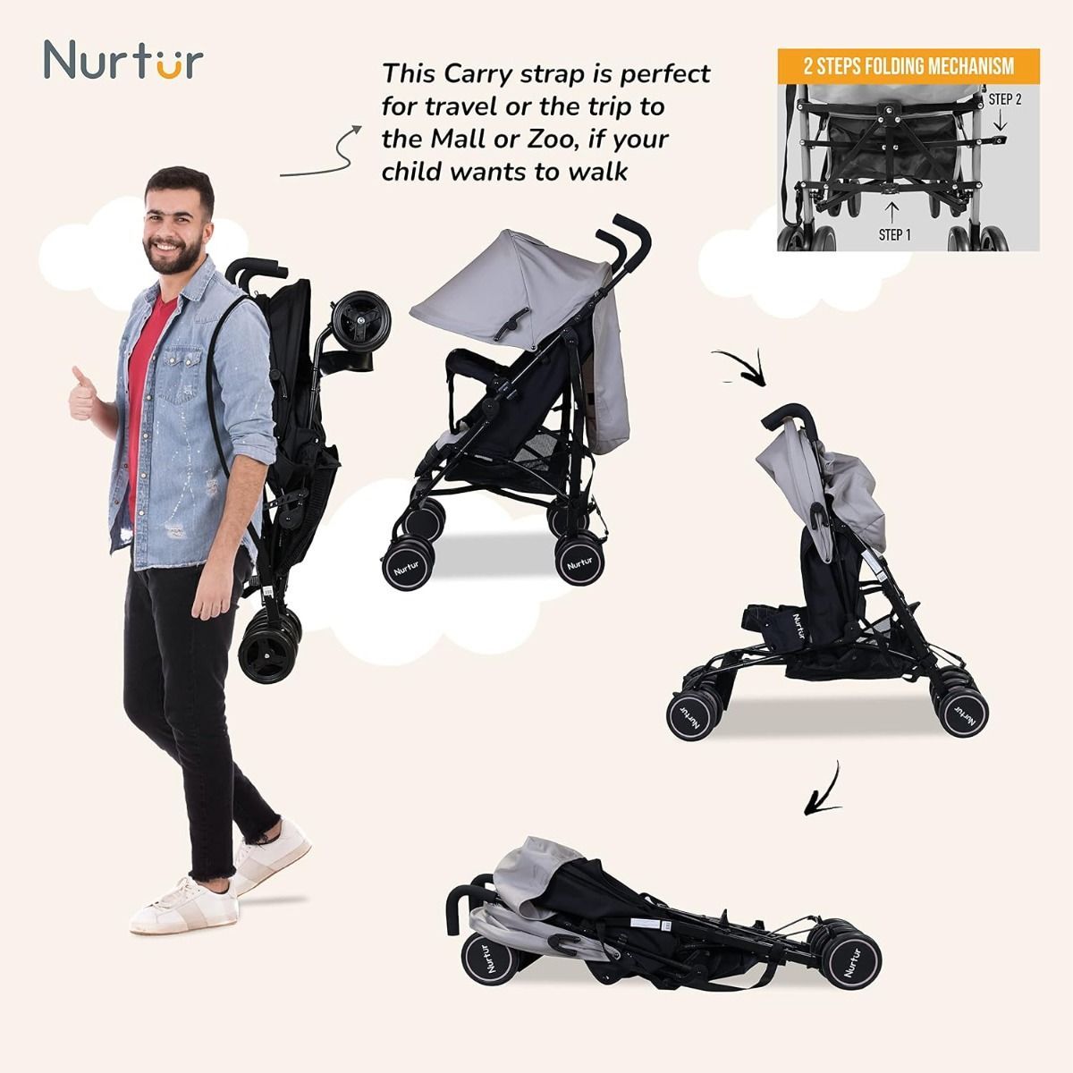 Nurtur Archer Lightweight Baby Stroller 0-36 Months, Compact Folding Travel Pushchair, 5-Point | Light Grey