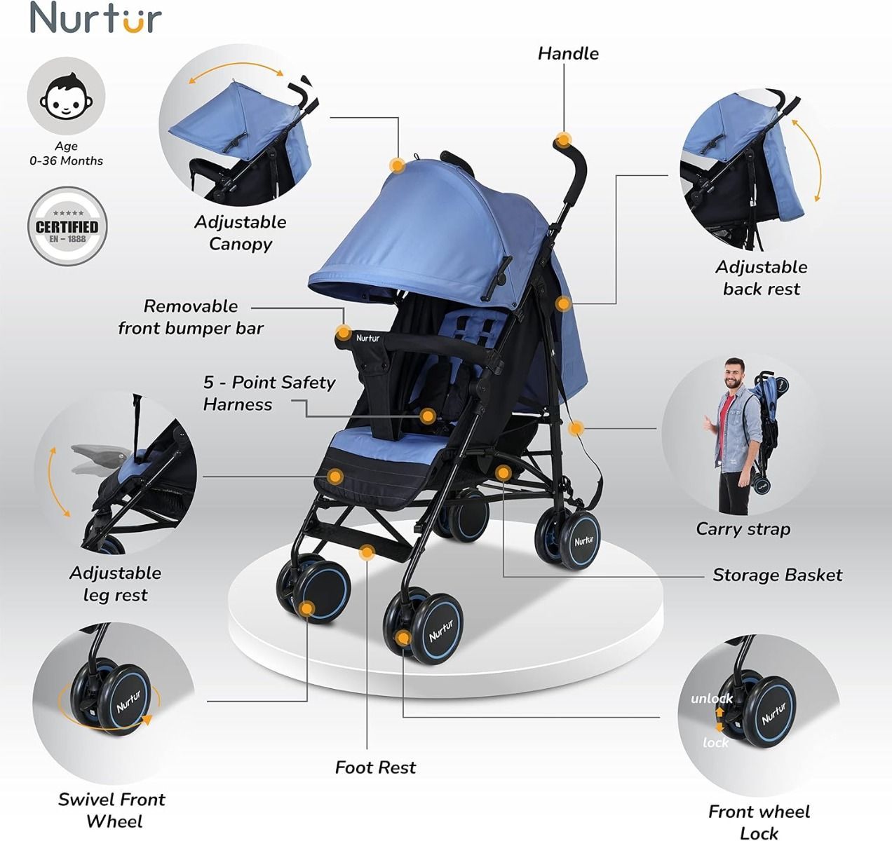 Nurtur Archer Lightweight Baby Travel Stroller, Compact Folding Design for Kids 0-36 Months, 26 lbs, 5-Point System | Blue
