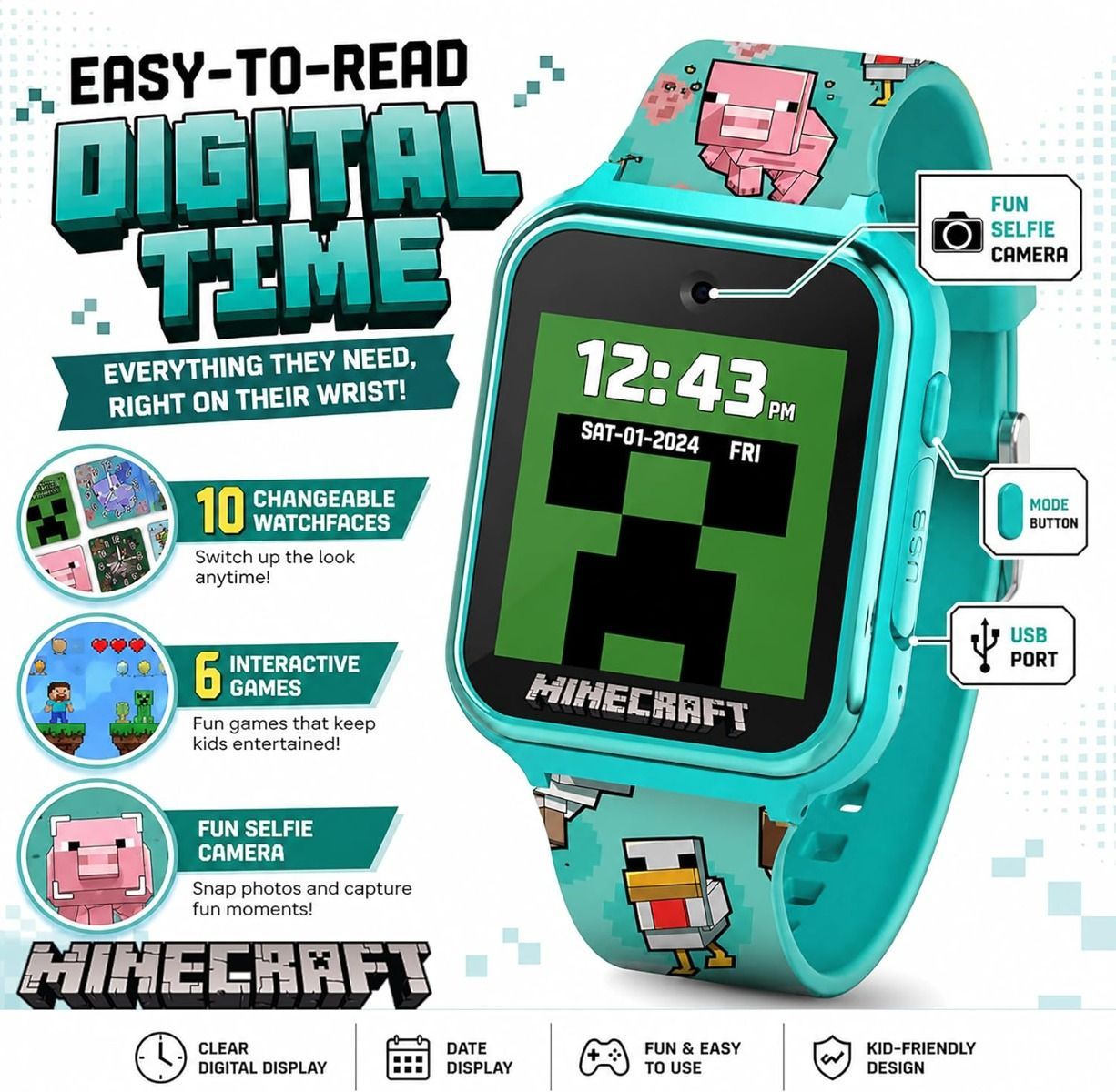 Minecraft Kids Smartwatch – Interactive Touchscreen Watch with Selfie & Video Camera, 6 Games, Step Counter, Voice Recorder, Alarm & Timer