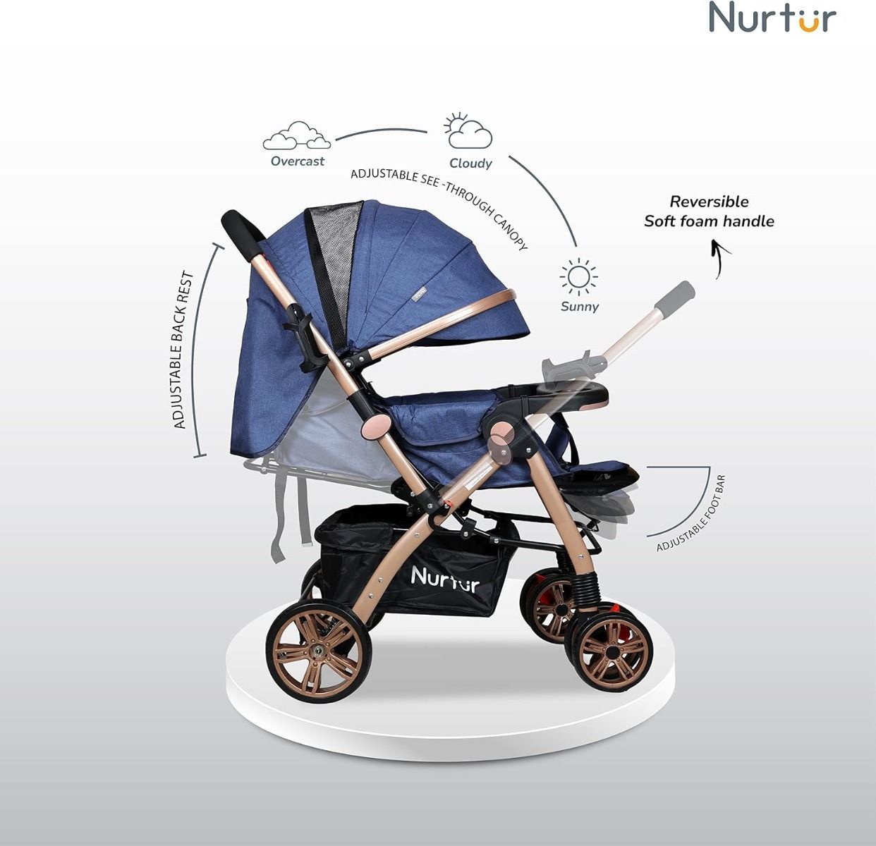 Nurtur Wilder Reversible Baby Travel Stroller, Lightweight Collapsible Stroller with 5-Point | Dark Blue