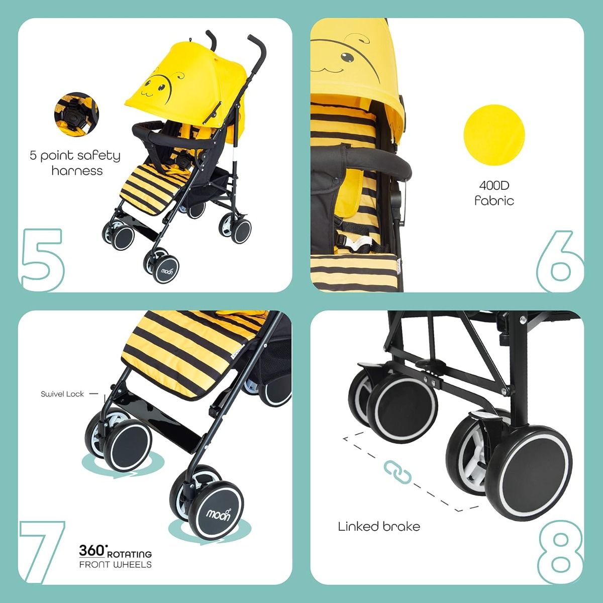 The Moon Brand Safari Bee Umbrella Stroller Lightweight Compact Travel Stroller for Babies 0 m+ Up to 18 kg, 0 Months+