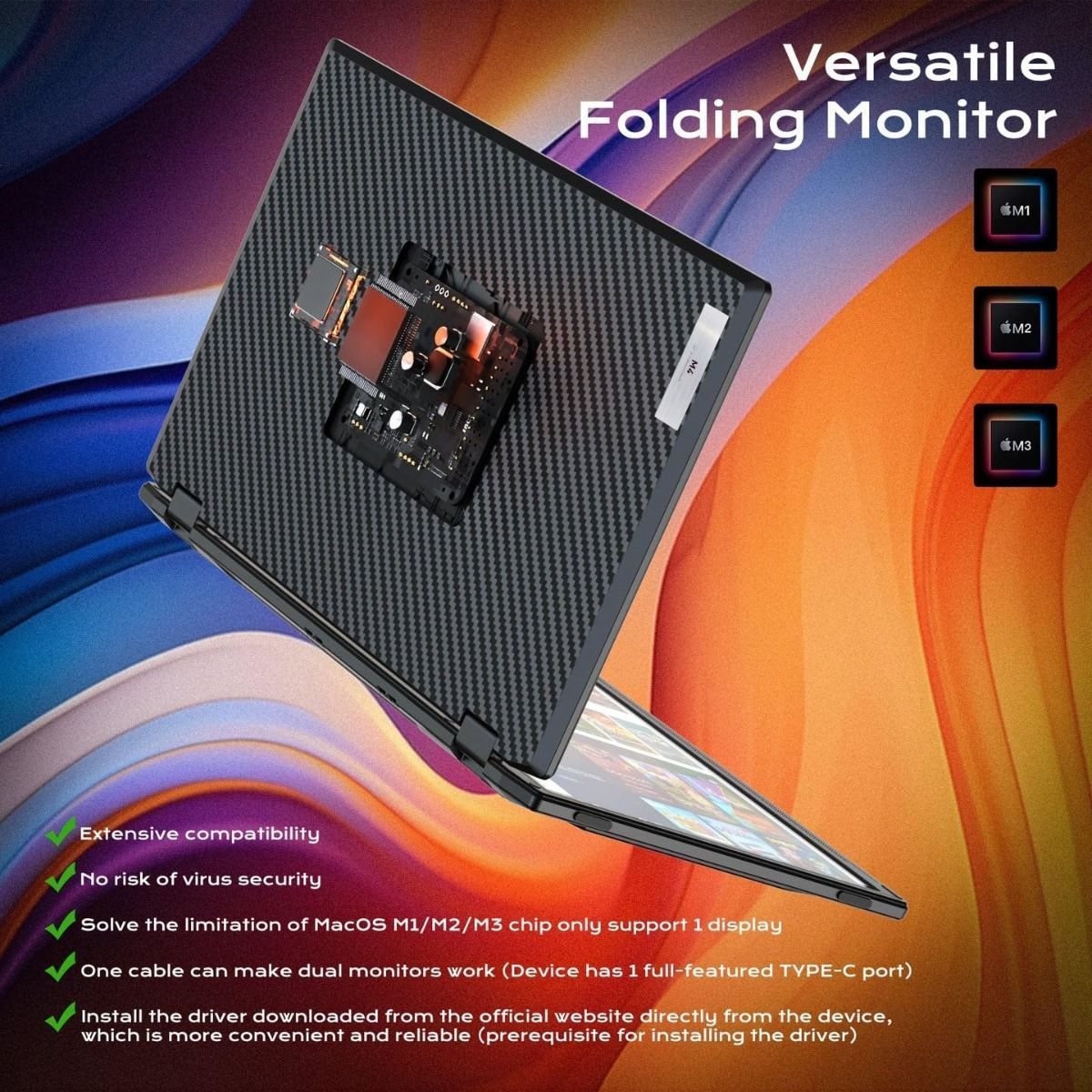 V2COM Dualsee Portable Dual-Screen Monitor Extender 15.6 FHD IPS Folding Triple Display Plug & Play VESA Mount 330 Adjustable HDMI Type-C Built-in Speakers - Black