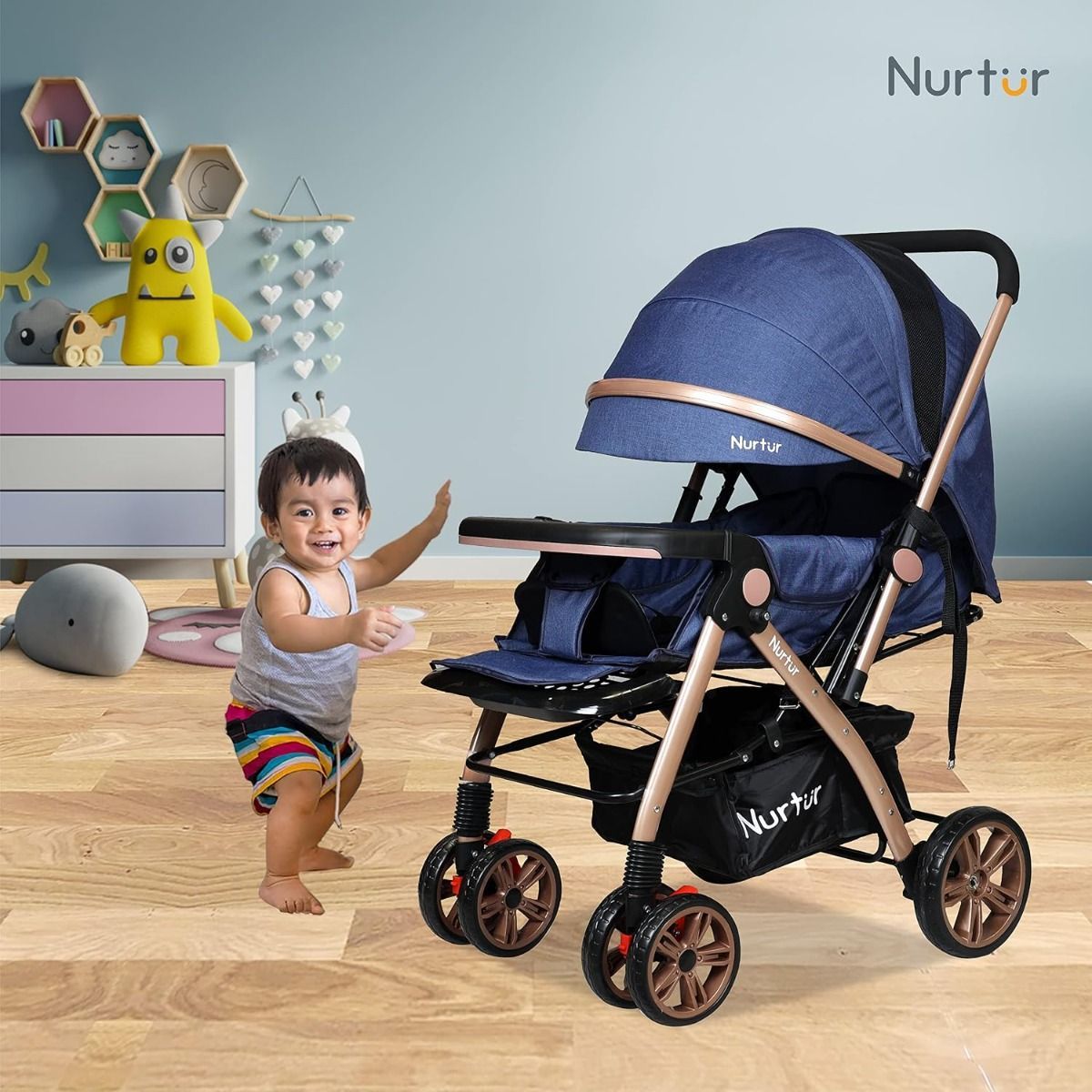 Nurtur Wilder Reversible Baby Travel Stroller, Lightweight Collapsible Stroller with 5-Point | Dark Blue