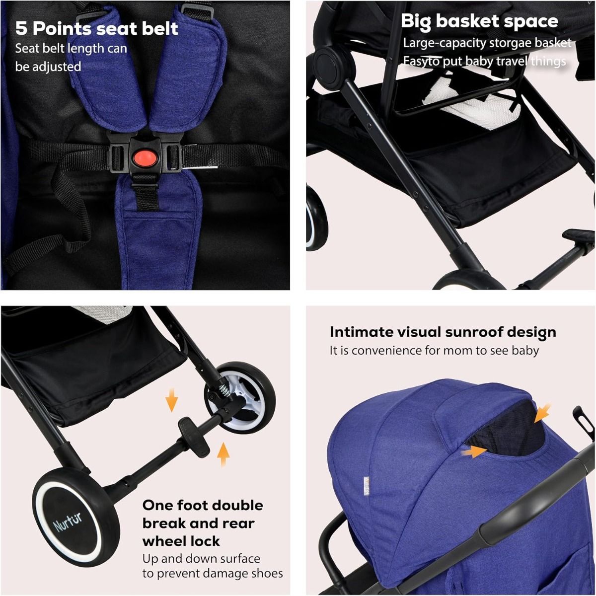 Nurtur Bravo Lightweight Travel Stroller for Baby & Kids, Compact Foldable Design, Airline Cabin|Denim