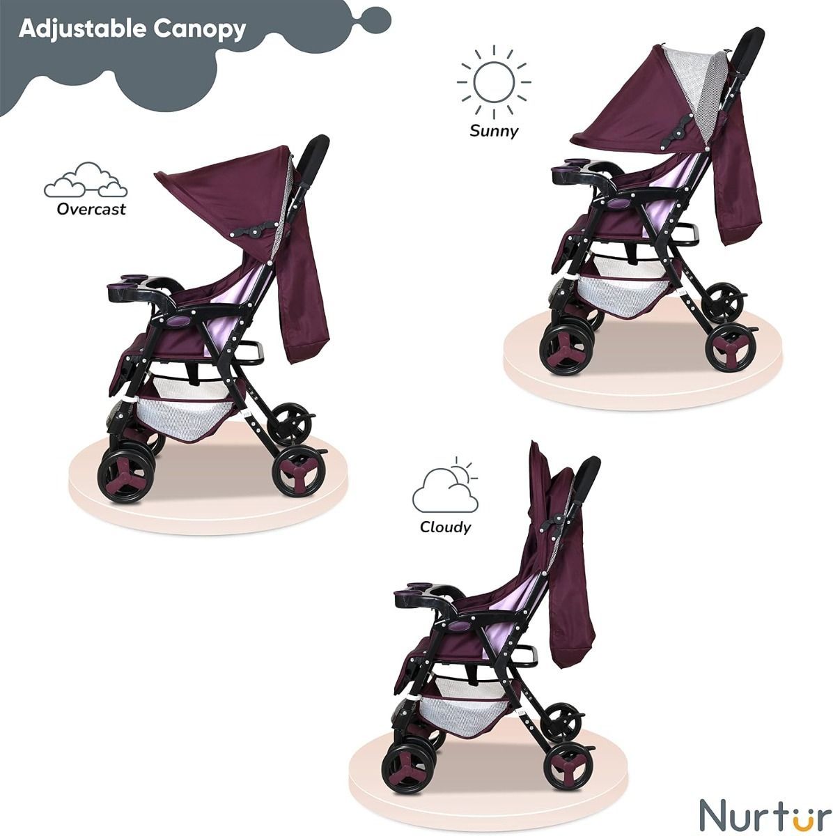 Nurtur Ryder Ultra-Compact Lightweight Baby Travel Stroller, Reclining Seat with Detachable Food  Burgundy Printed, 0-36 Months
