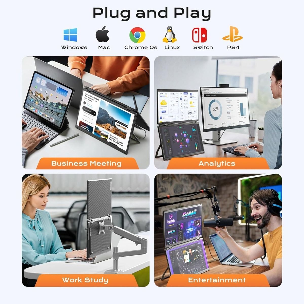 V2COM Dualsee Portable Dual-Screen Monitor Extender 15.6 FHD IPS Folding Triple Display Plug & Play VESA Mount 330 Adjustable HDMI Type-C Built-in Speakers - Black