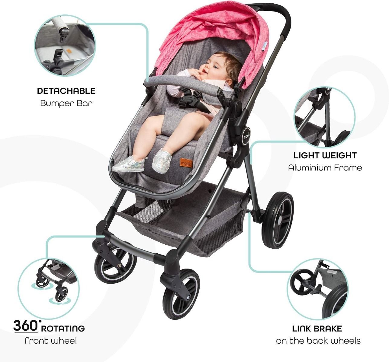 The Moon Brand Pro 2-in-1 Reversible Stroller & Carrycot - Lightweight Convertible, 12.5kg (Rear Facing) / 25kg (Forward Facing), Birth to 3 Years | Pink
