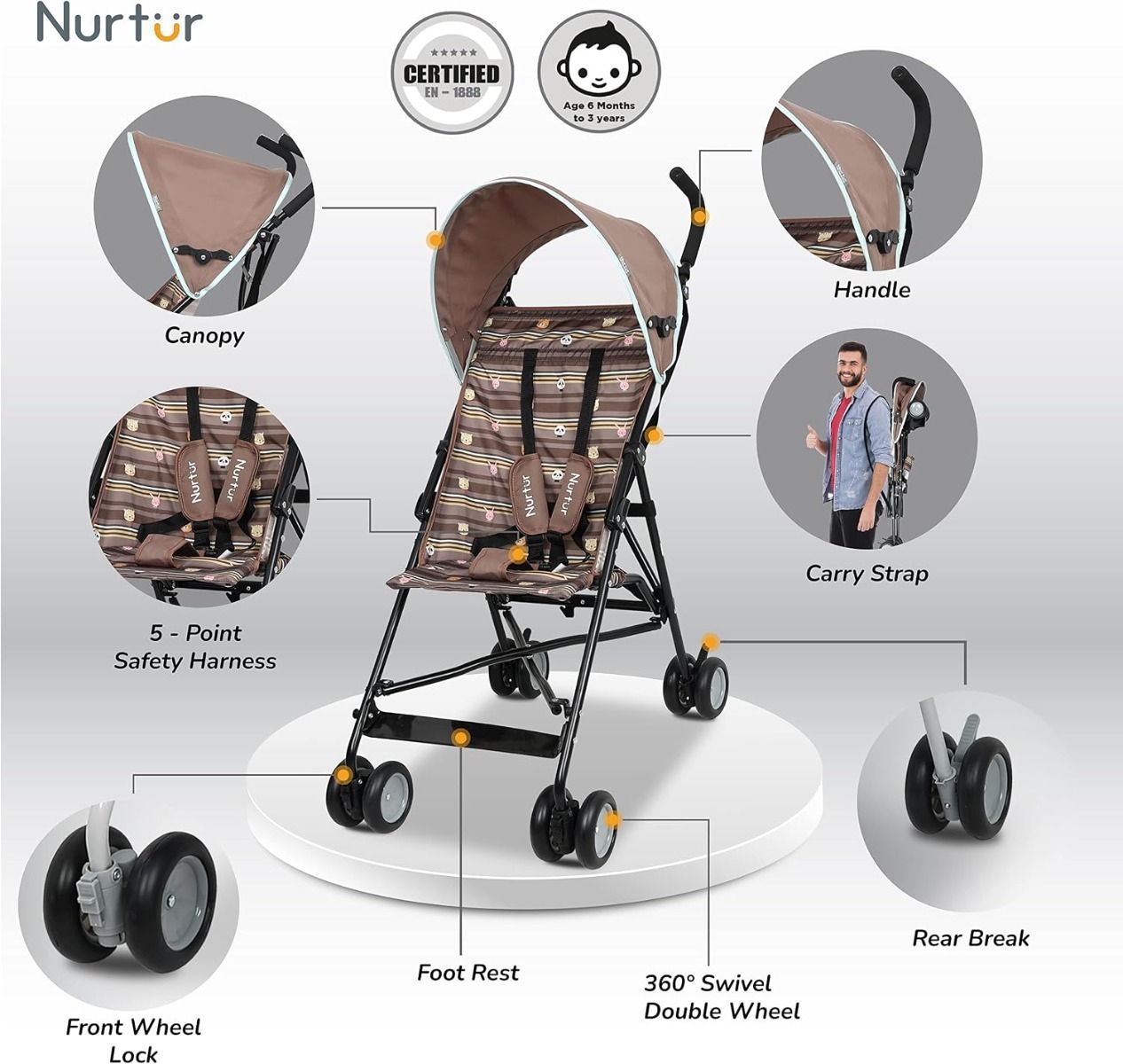Nurtur Rex Lightweight Stroller Compact Fold 4.8kg Baby Buggy for Travel & Daily Use with  5-point | Sun Brown