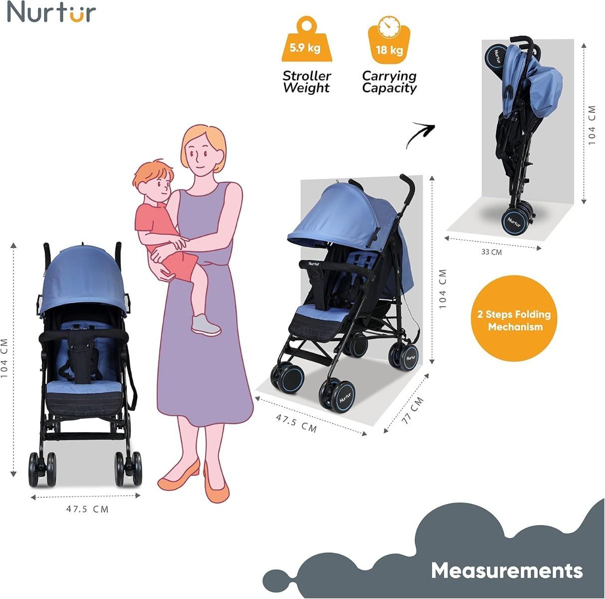 Nurtur Archer Lightweight Baby Travel Stroller, Compact Folding Design for Kids 0-36 Months, 26 lbs, 5-Point System | Blue