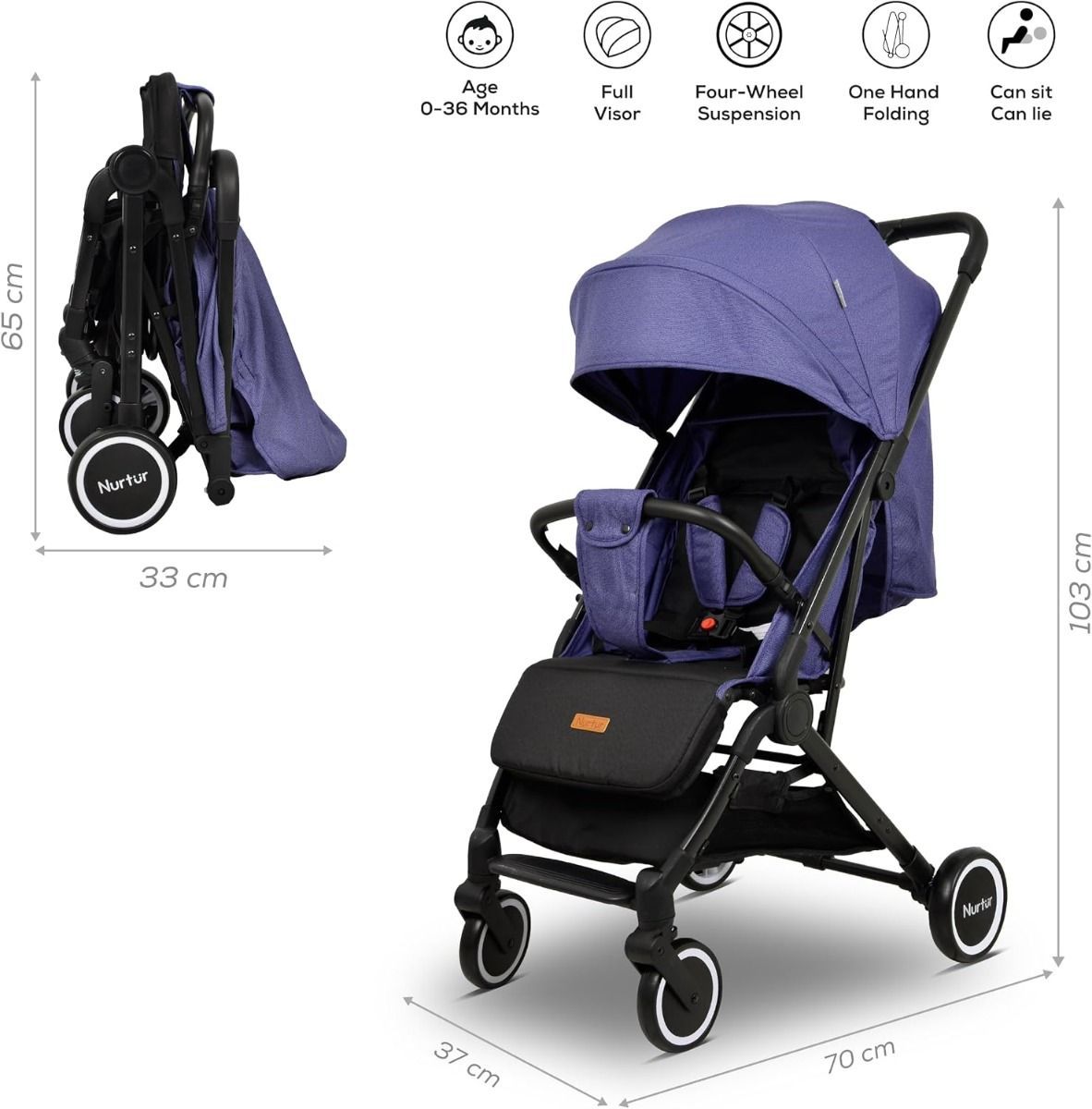 Nurtur Bravo Lightweight Travel Stroller - Compact Foldable Baby Stroller for Infants to 0-36 months | Sky Blue