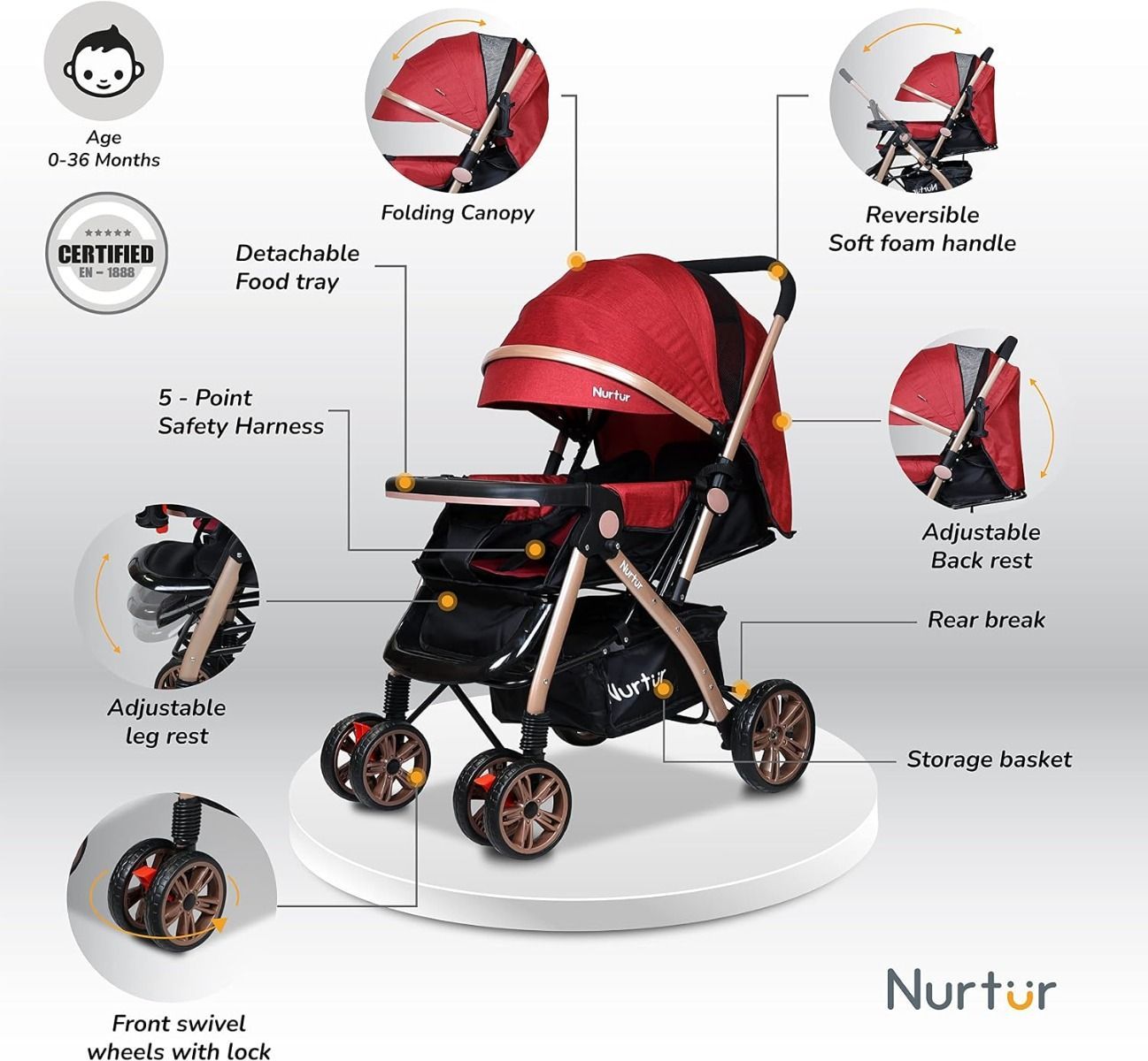 Nurtur Wilder Reversible Baby Stroller - Lightweight Compact Travel Stroller with 5-Point Harness | Red