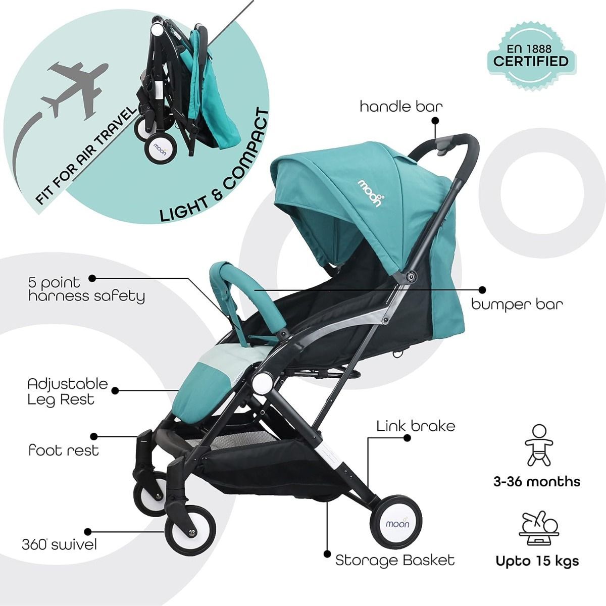The Moon Brand Ritzi TravelLite Compact Stroller - Lightweight Foldable Pram for Air Travel, 0-18kg, Birth to 3 Years, 5-Point Harness | Sea Blue