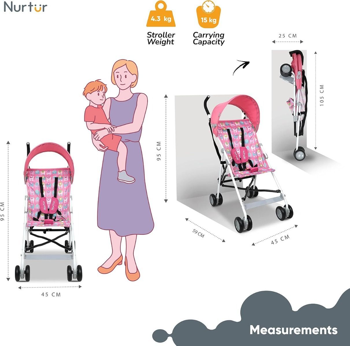 Nurtur Rex Lightweight Stroller Compact Folding Travel Buggy for Toddlers 6-36 Months, 11 lbs, 5-Point | Pink