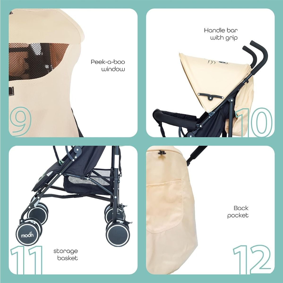 The Moon Brand Safari Cat Umbrella Stroller Compact Lightweight Travel Stroller for Babies 0-36 15 kg, 5-Point Safety Belt, Umbrella Fold