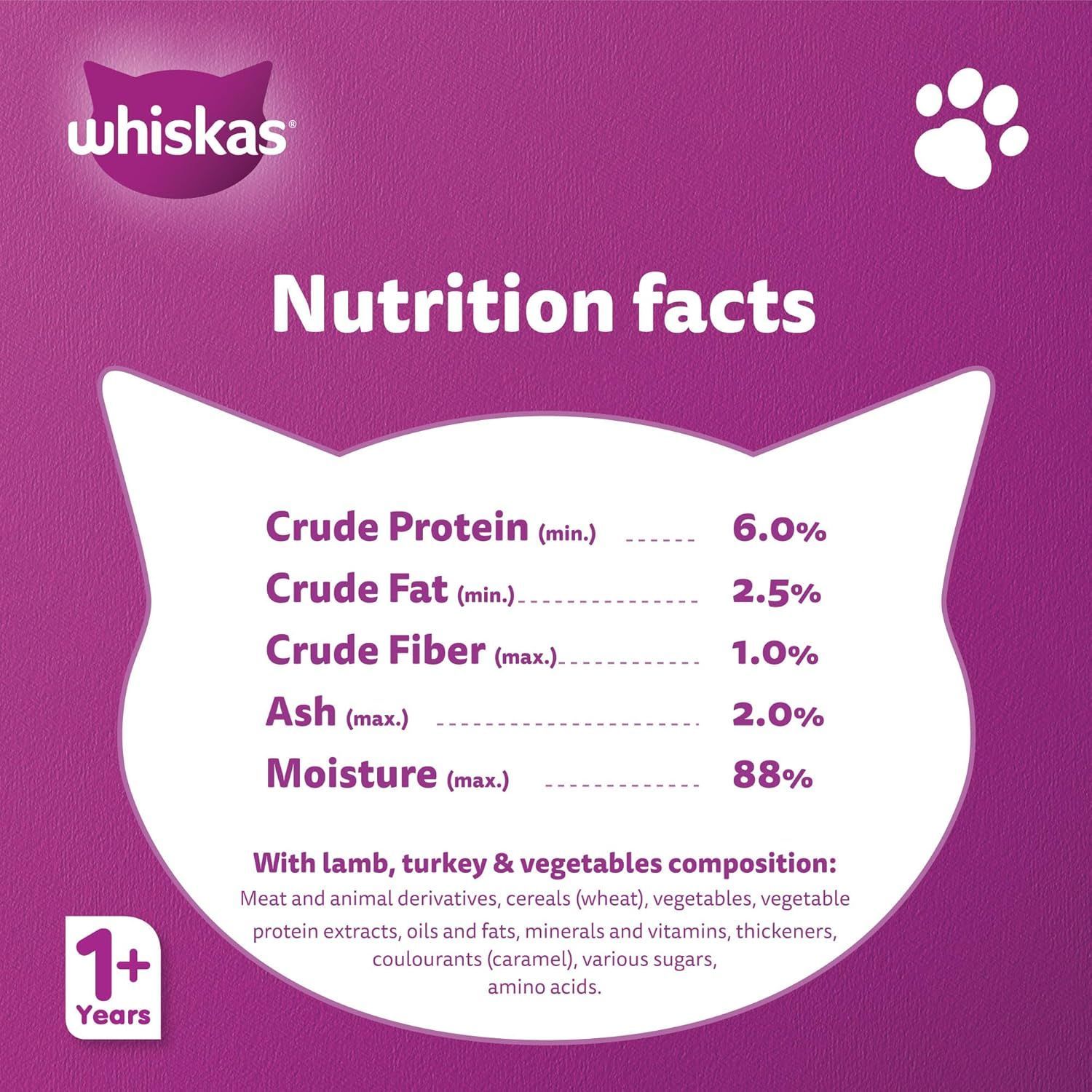 Whiskas Lamb & Turkey in Gravy Cat Food - 24 Pack, Complete Nutrition for Adult Cats