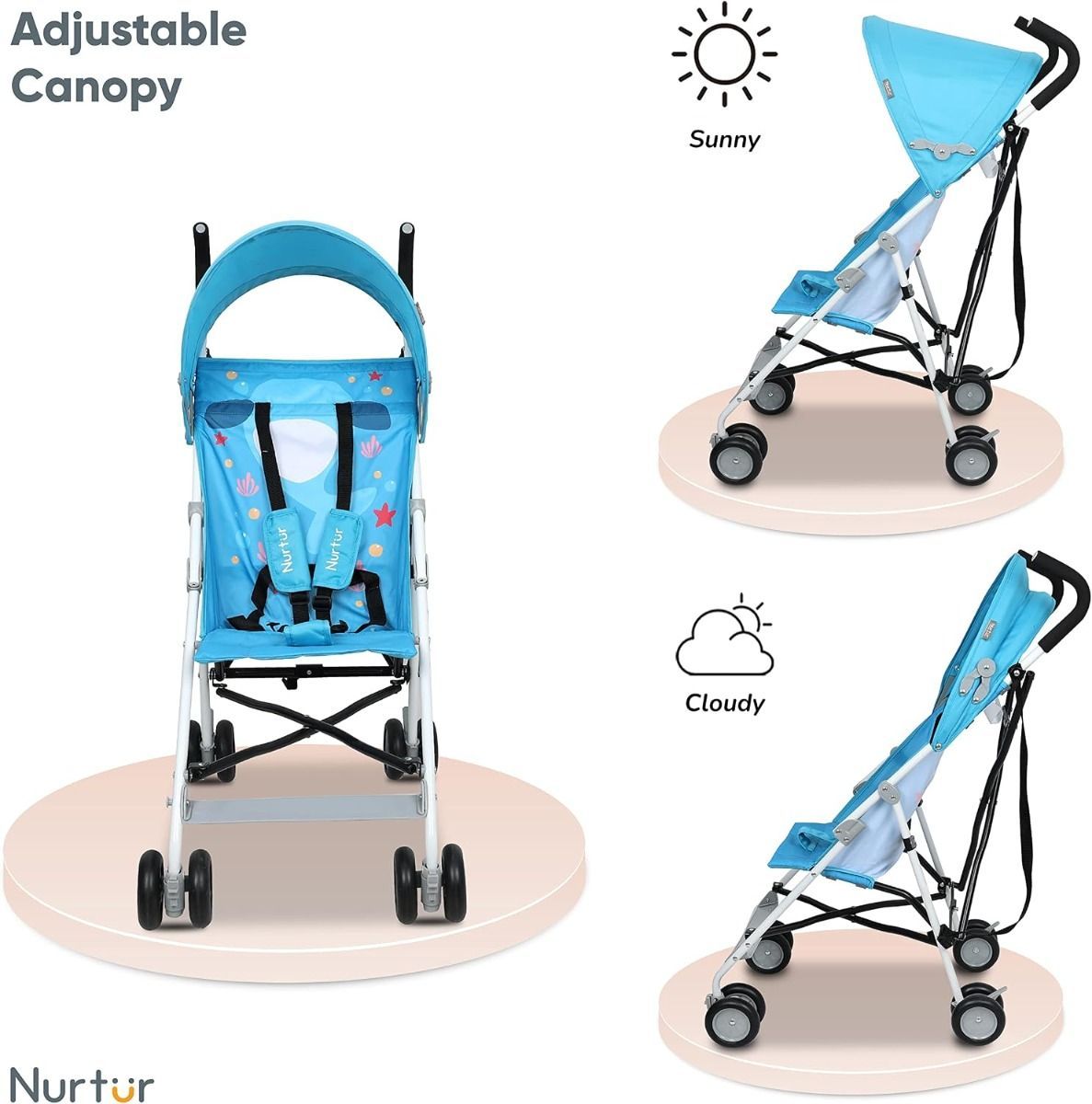 Nurtur Rex Lightweight Stroller Compact Fold Travel Buggy with Sun Canopy & Shoulder Strap, 5-Point | Light Blue