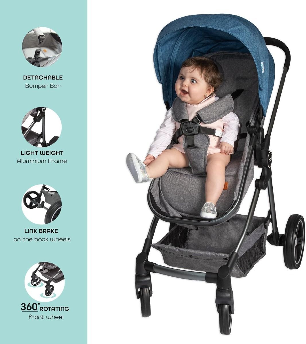 The Moon Brand Pro 2-in-1 Convertible Stroller and Bassinet for Newborns to 3 Years (Up to 18kg) 5-Point Harness | Blue