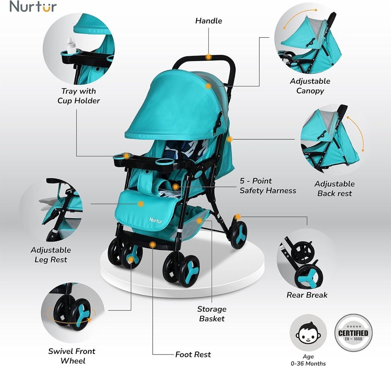 Nurtur Ryder Ultra Compact Lightweight Baby Stroller, Portable Travel Stroller,  0-36 Months |Teal