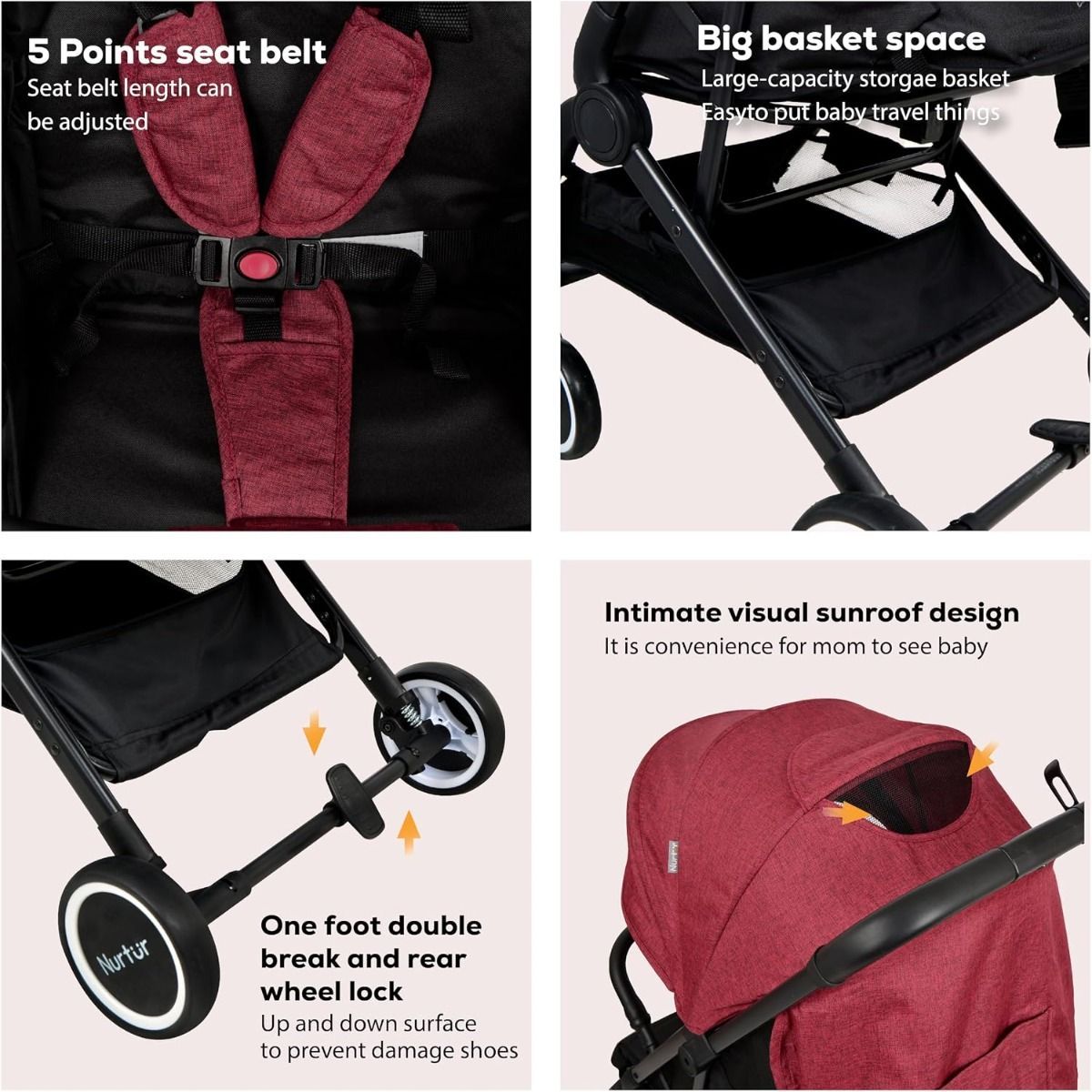 Nurtur Bravo Lightweight Travel Stroller for Baby & Kids, Compact Foldable Design, 5-Point, 0-36 months | Red
