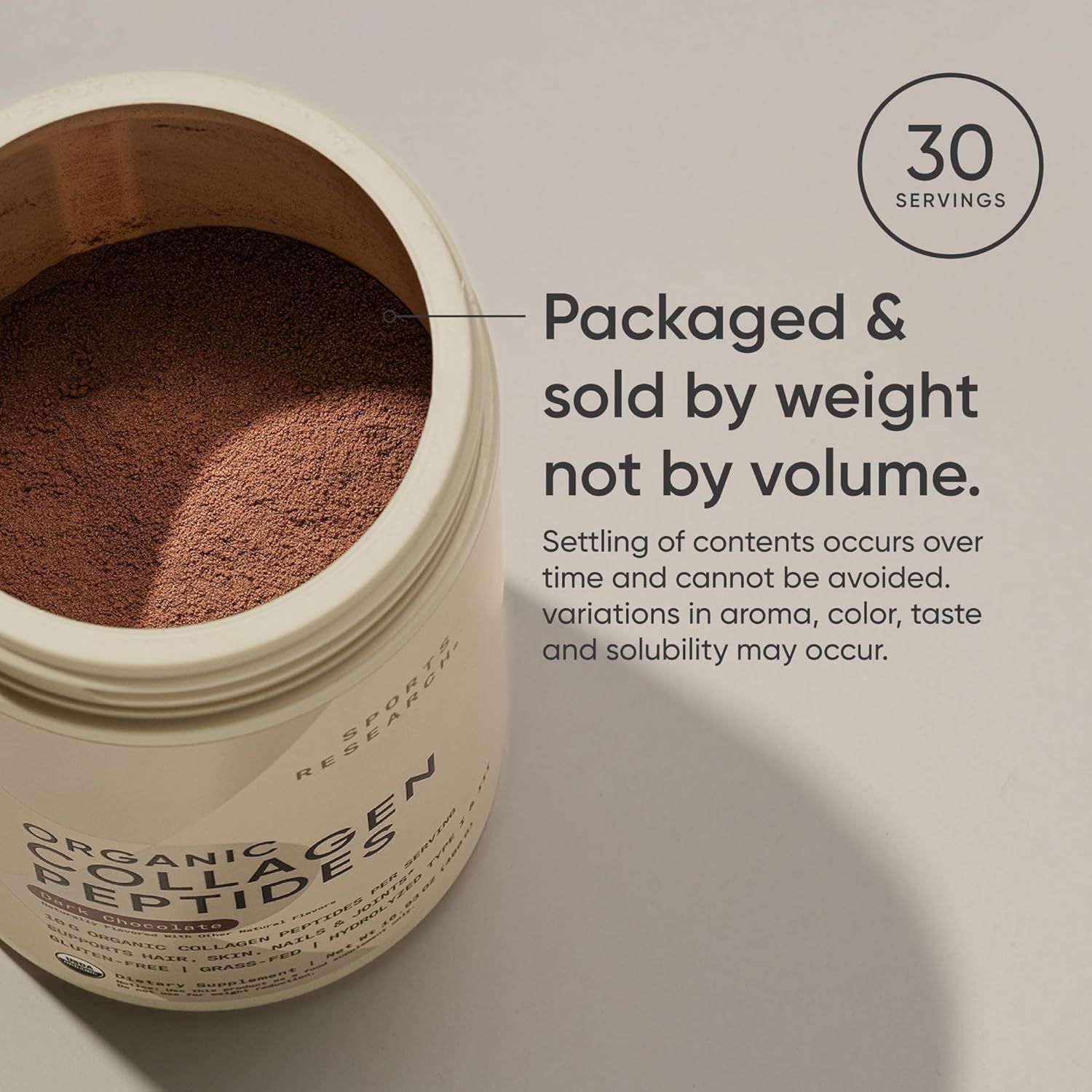 Sports Research Organic Collagen Powder - Hydrolyzed Type I & III - Dark Chocolate Flavor - 30 Servings
