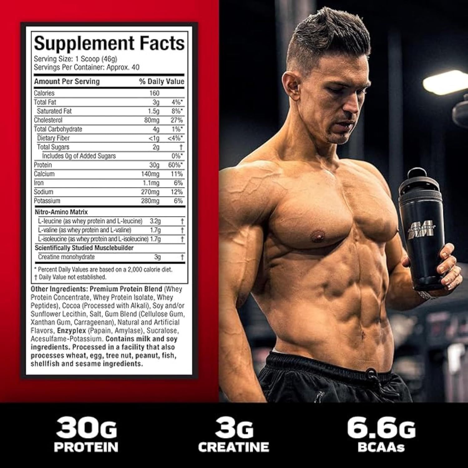 Muscletech Nitro-Tech Whey Protein: Ultimate Muscle Builder, Strawberry Flavor, 30g Protein