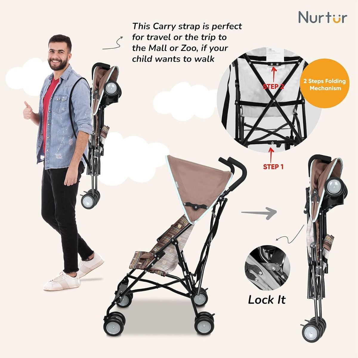 Nurtur Rex Lightweight Stroller Compact Fold 4.8kg Baby Buggy for Travel & Daily Use with  5-point | Sun Brown