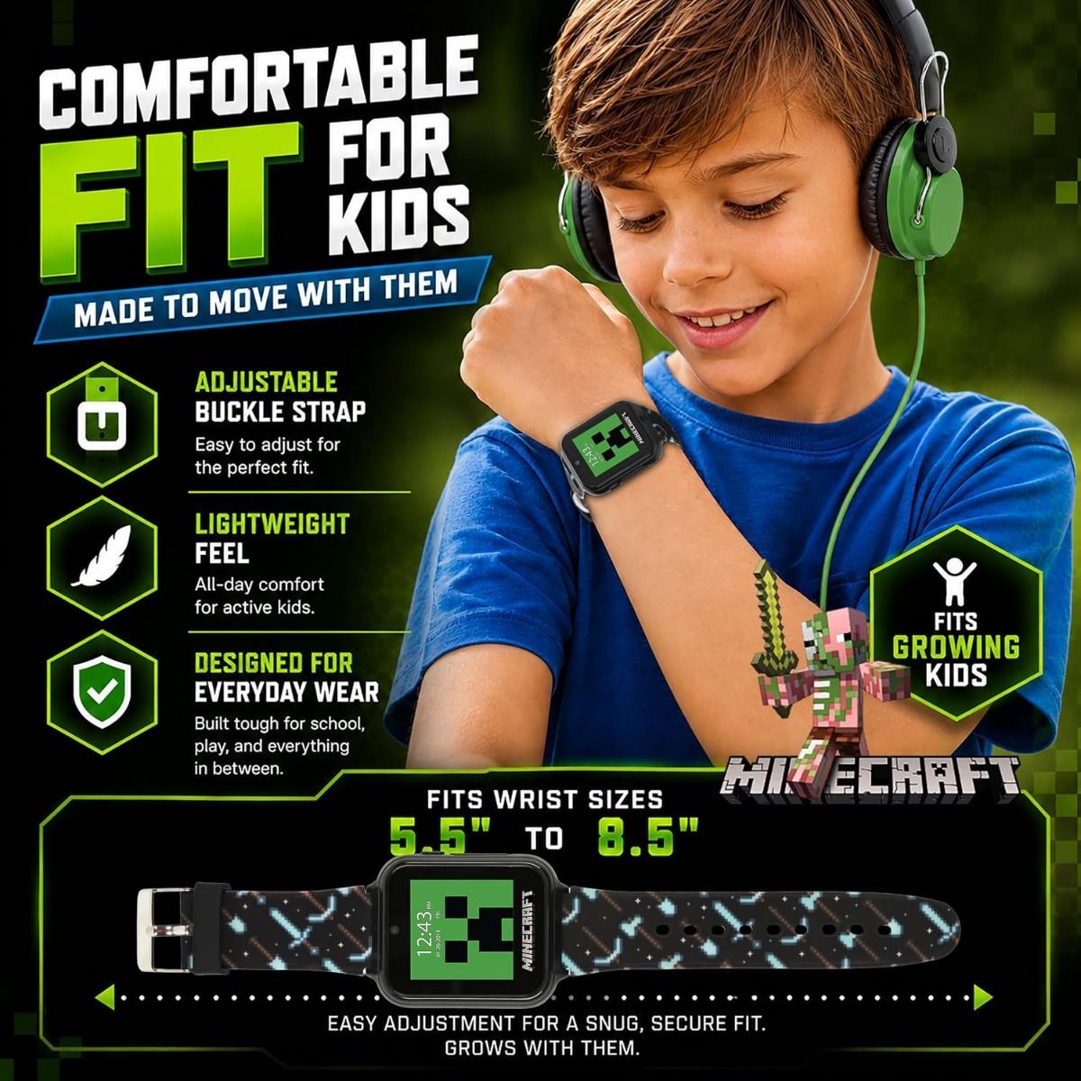 Minecraft Interactive Kids Smart Watch – Touchscreen with 6 Games, Selfie & Video Camera, Step/Activity Tracker, Alarm & Timer, 10 Watch Faces