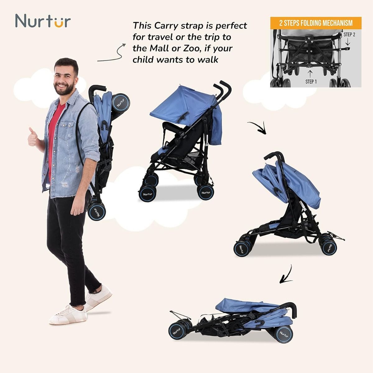Nurtur Archer Lightweight Baby Travel Stroller, Compact Folding Design for Kids 0-36 Months, 26 lbs, 5-Point System | Blue