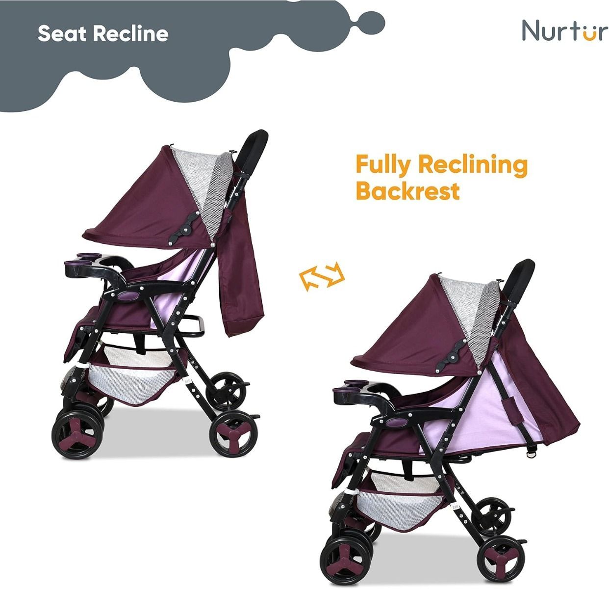 Nurtur Ryder Ultra-Compact Lightweight Baby Travel Stroller, Reclining Seat with Detachable Food  Burgundy Printed, 0-36 Months