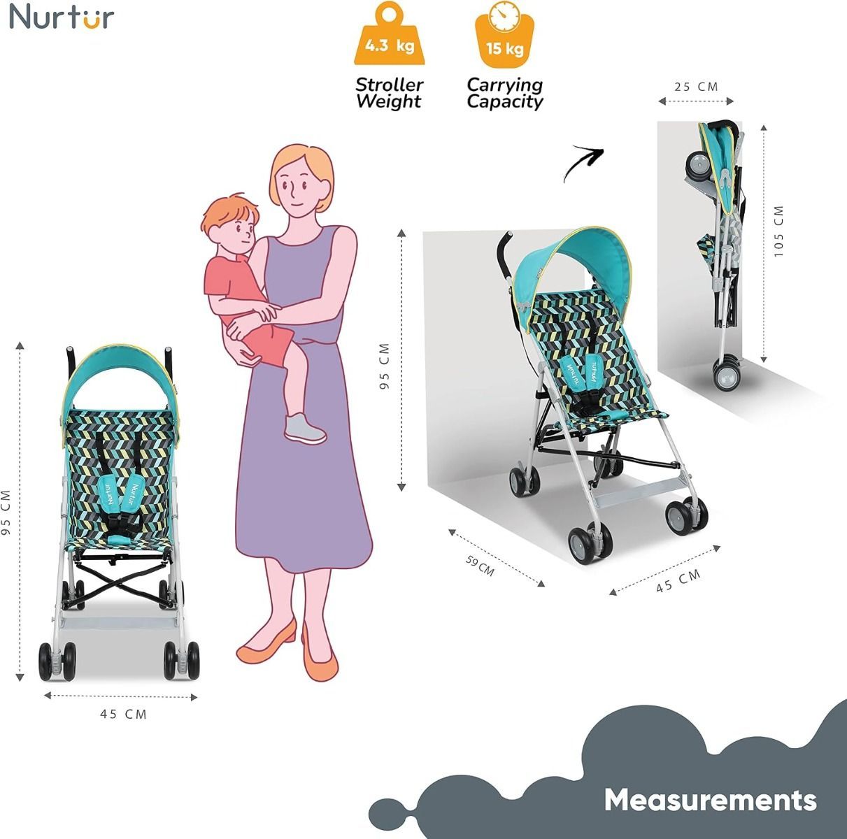 Nurtur Rex Lightweight Stroller Ultra-Compact Baby Buggy, Travel-Friendly Foldable Design, 6 months to 3 years, 5-Point Safety Harness | Green/Teal