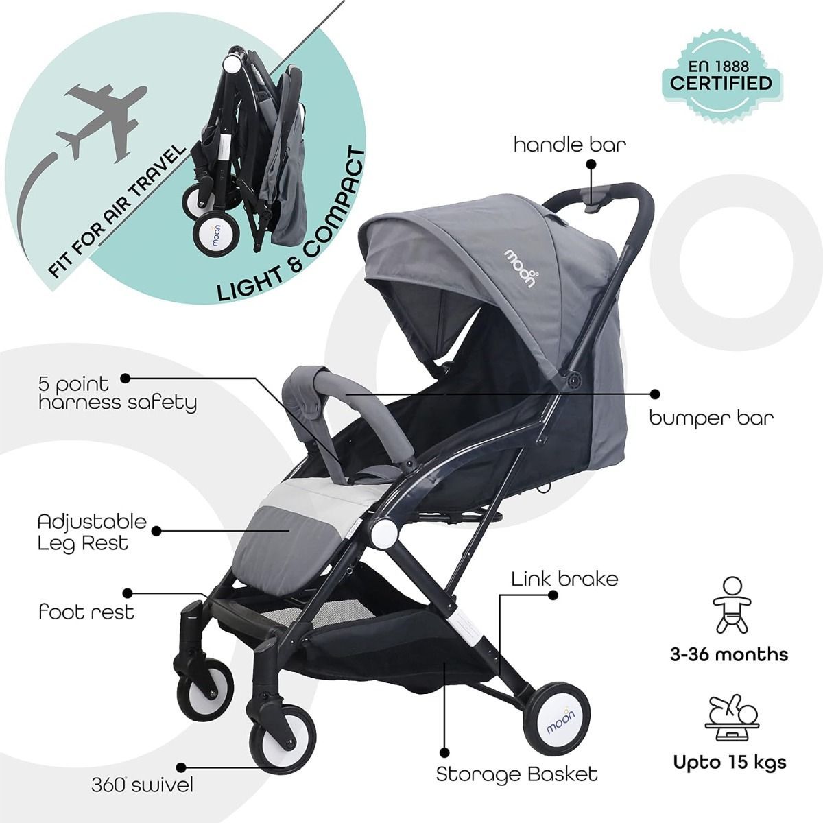 The Moon Brand TravelLite Compact Stroller - One-Hand Fold Cabin-Approved Pram for Newborns to 3 Mid Grey, 0 - 18kg, Birth to 3 Years, 5-Point Safety Harness