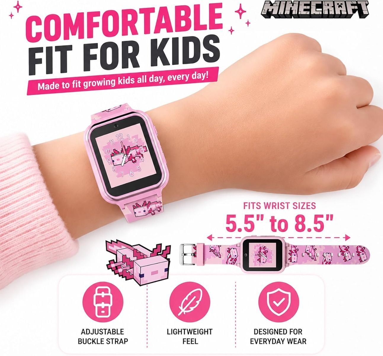 Minecraft Kids Smartwatch – Pink Axolotl Design, Selfie Camera, 10 Watch Faces, Games, Step Counter, Voice Recorder, Alarm & Timer