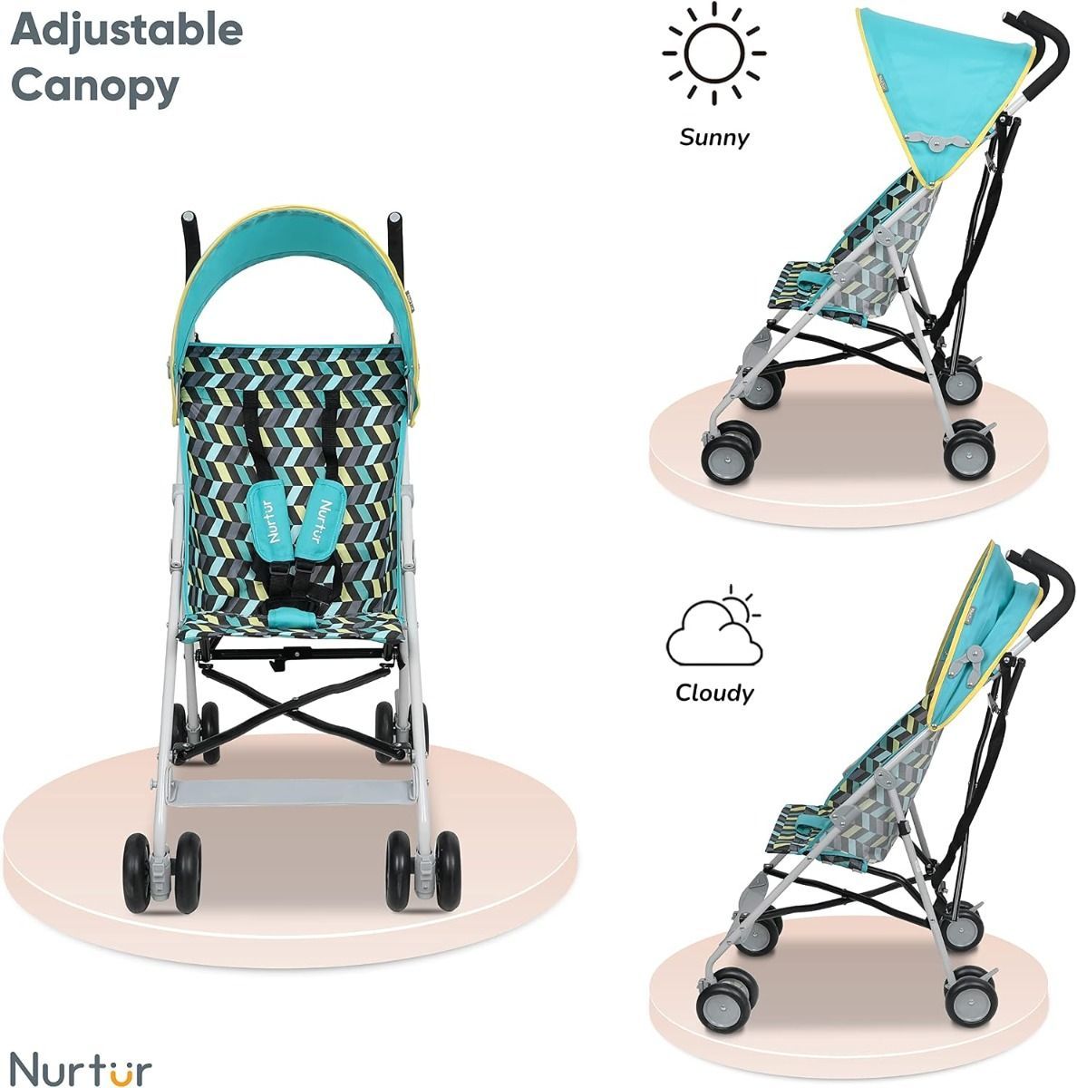 Nurtur Rex Lightweight Stroller Ultra-Compact Baby Buggy, Travel-Friendly Foldable Design, 6 months to 3 years, 5-Point Safety Harness | Green/Teal