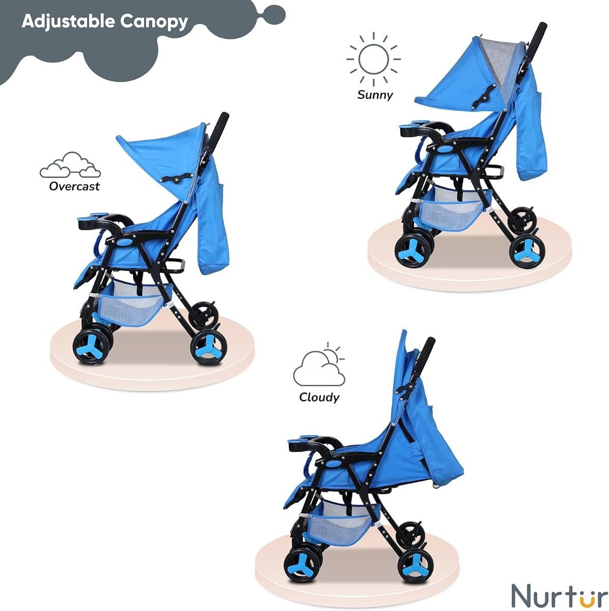 Nurtur Ryder Ultra Compact Lightweight Baby Travel Stroller, Reclining Seat with Food Tray, 0-36 Months, 5-Point | Multicolor